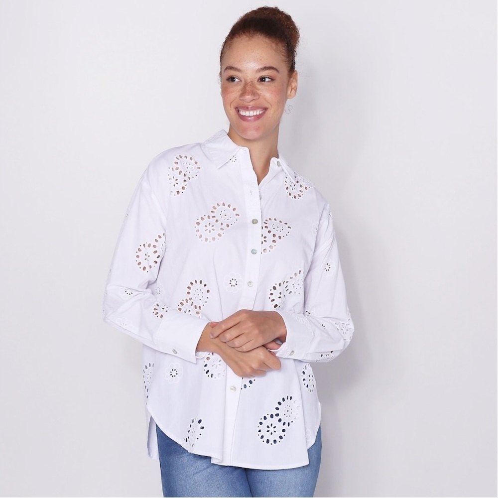 MarlaWynne White Eyelet Button-Front Cutout Blouse